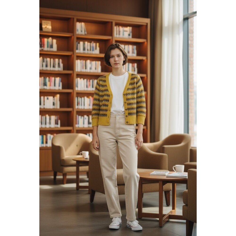 Roxy Yellow & Brown Argyle Pattern Cardigan Wool … - image 1